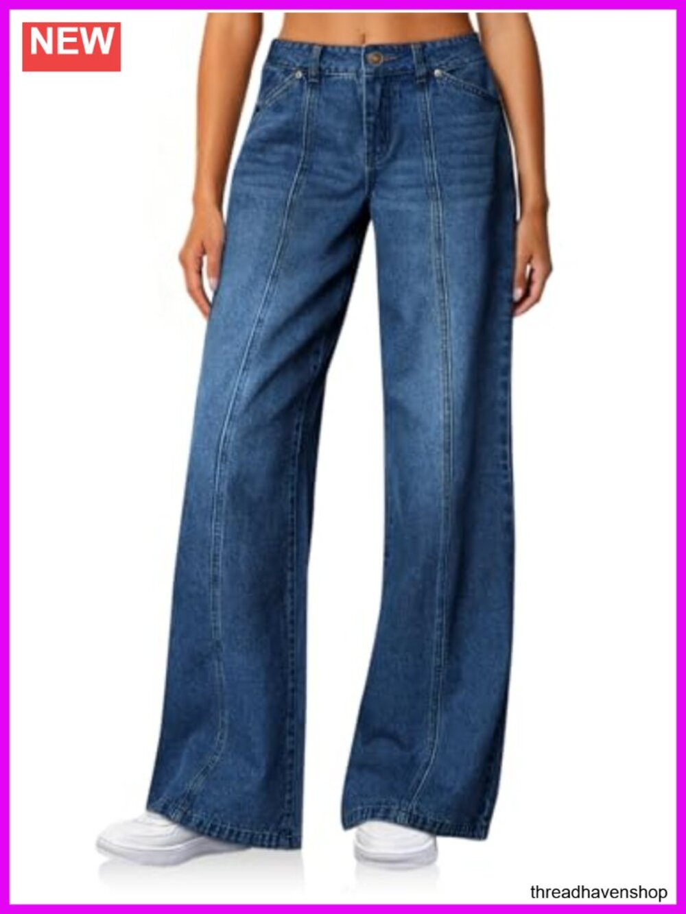 Wide Leg Jeans High Waisted Stretchy Baggy Denim Pants Front Seam Five Pockets